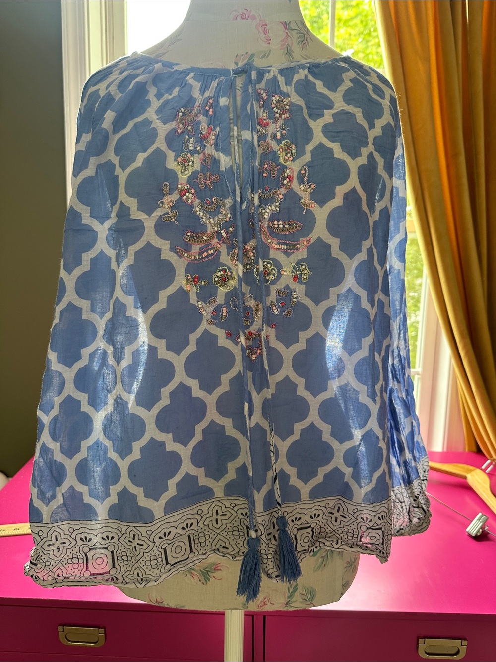 Dolma Boho Blue Patterned Embroidered Women’s Peasant Top